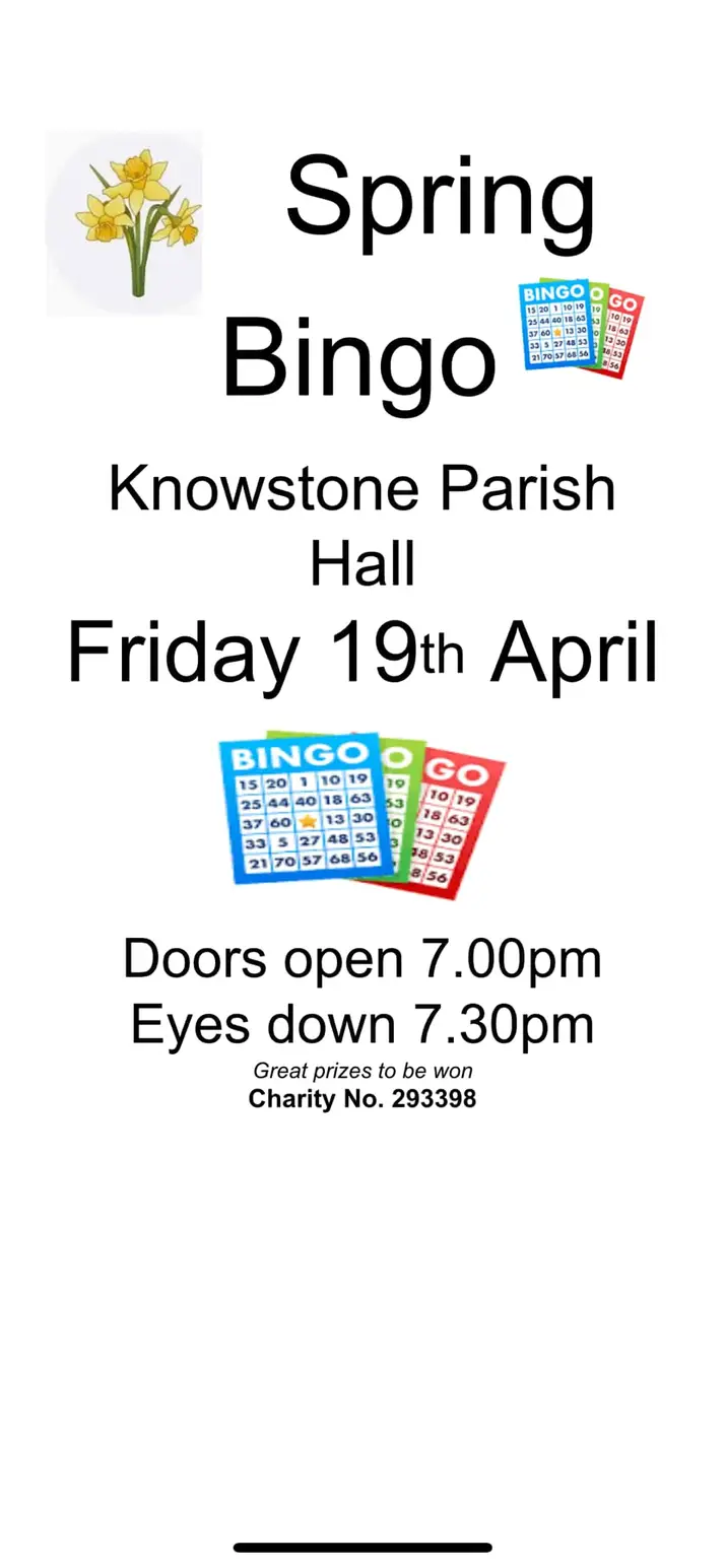 Friday 19th April: Spring Bingo at Knowstone Village Hall